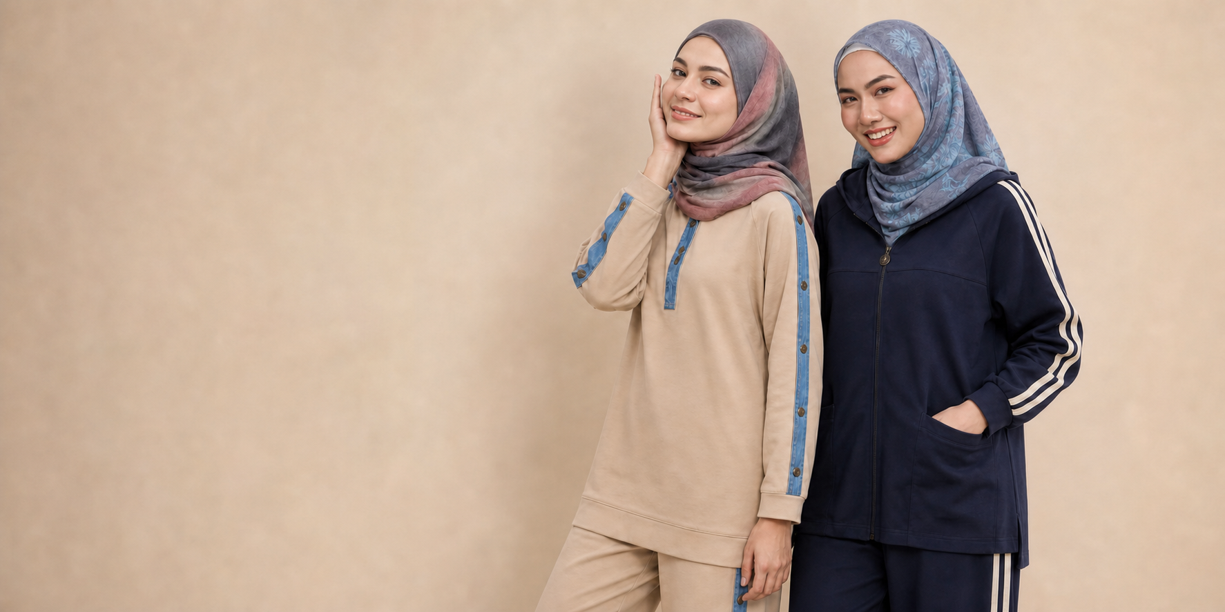 Two women wearing Lanora hijabs and modest loungewear